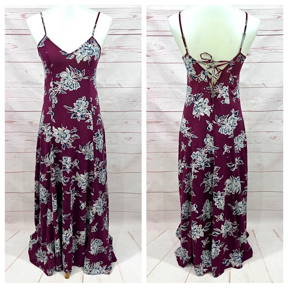 Abercrombie Maroon Floral Sleeveless V-neck Corset Back Boho Flowy Maxi Dress